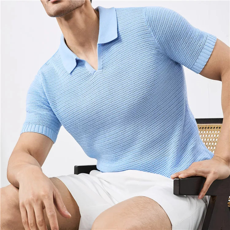 Men's Summer Polo with V-Neck and Elastic Hem