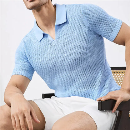 Men's Summer Polo with V-Neck and Elastic Hem