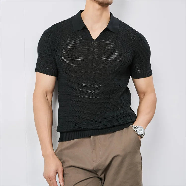 Men's Summer Polo with V-Neck and Elastic Hem