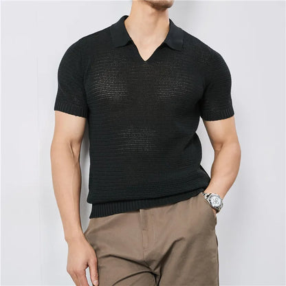 Men's Summer Polo with V-Neck and Elastic Hem