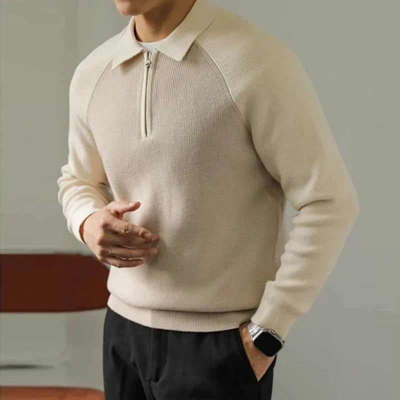 Herre business sweater med lynlås, polo-krave og raglanærmer – Strikstil