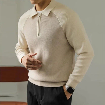 Herre business sweater med lynlås, polo-krave og raglanærmer – Strikstil
