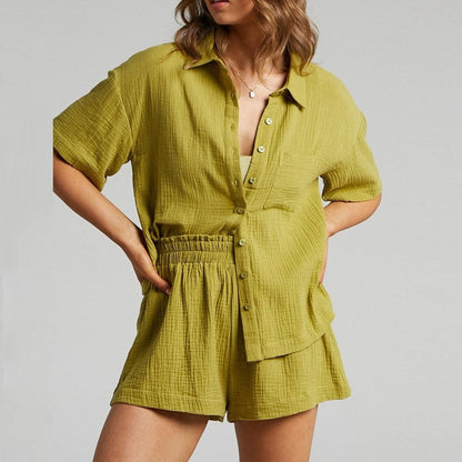 Women's Two-Piece Set with Blouse and High-Waisted Shorts – Comfortable Fit