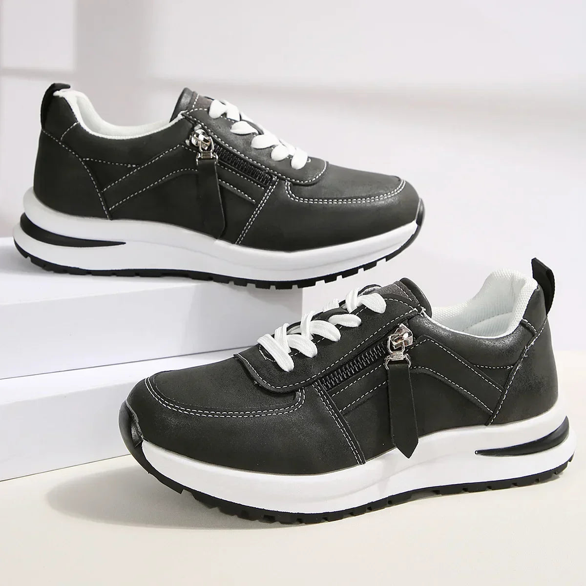 Women's Platform Sneakers with Laces and Side Zipper – Supportive Sole