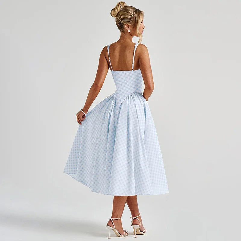 Women's Long Trapeze Dress with Checkered Pattern and Adjustable Straps – Casual Summer Dress