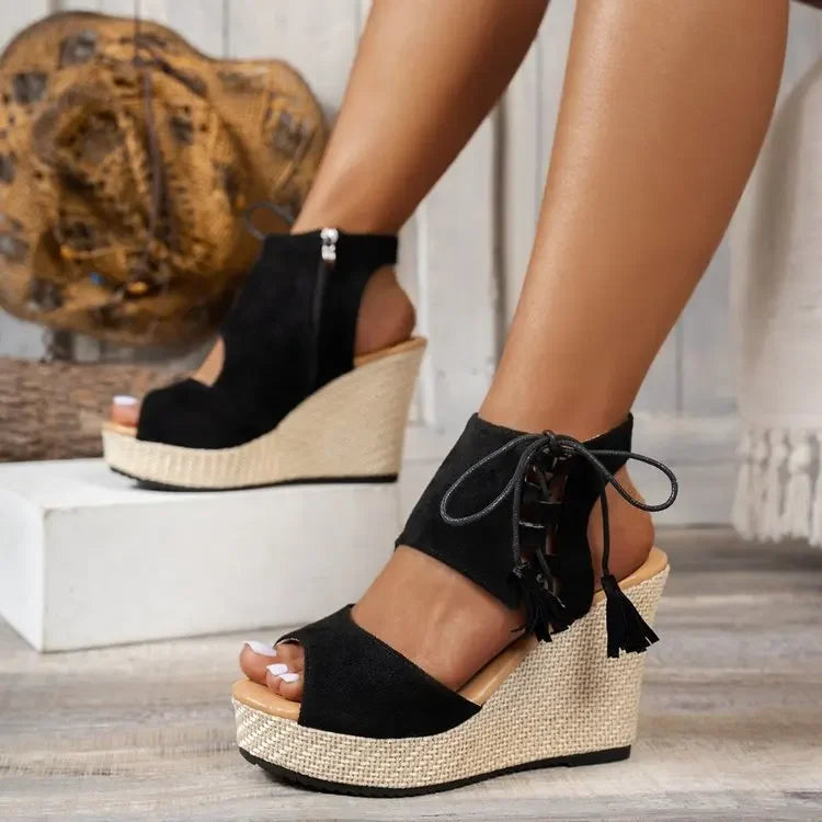 Cuñas de verano para mujer con plataforma de yute trenzado, cordones en el tobillo, punta abierta – Estilo yute