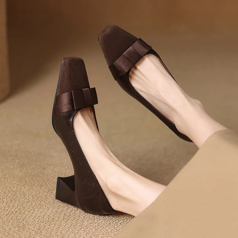 Women's Low Block Heel Pumps with Front Bow and Padded Insole – Elegant Shoes