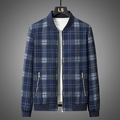 Giacca Bomber Uomo a Quadri con Zip Frontale e Finiture a Costine – Stile Autunnale