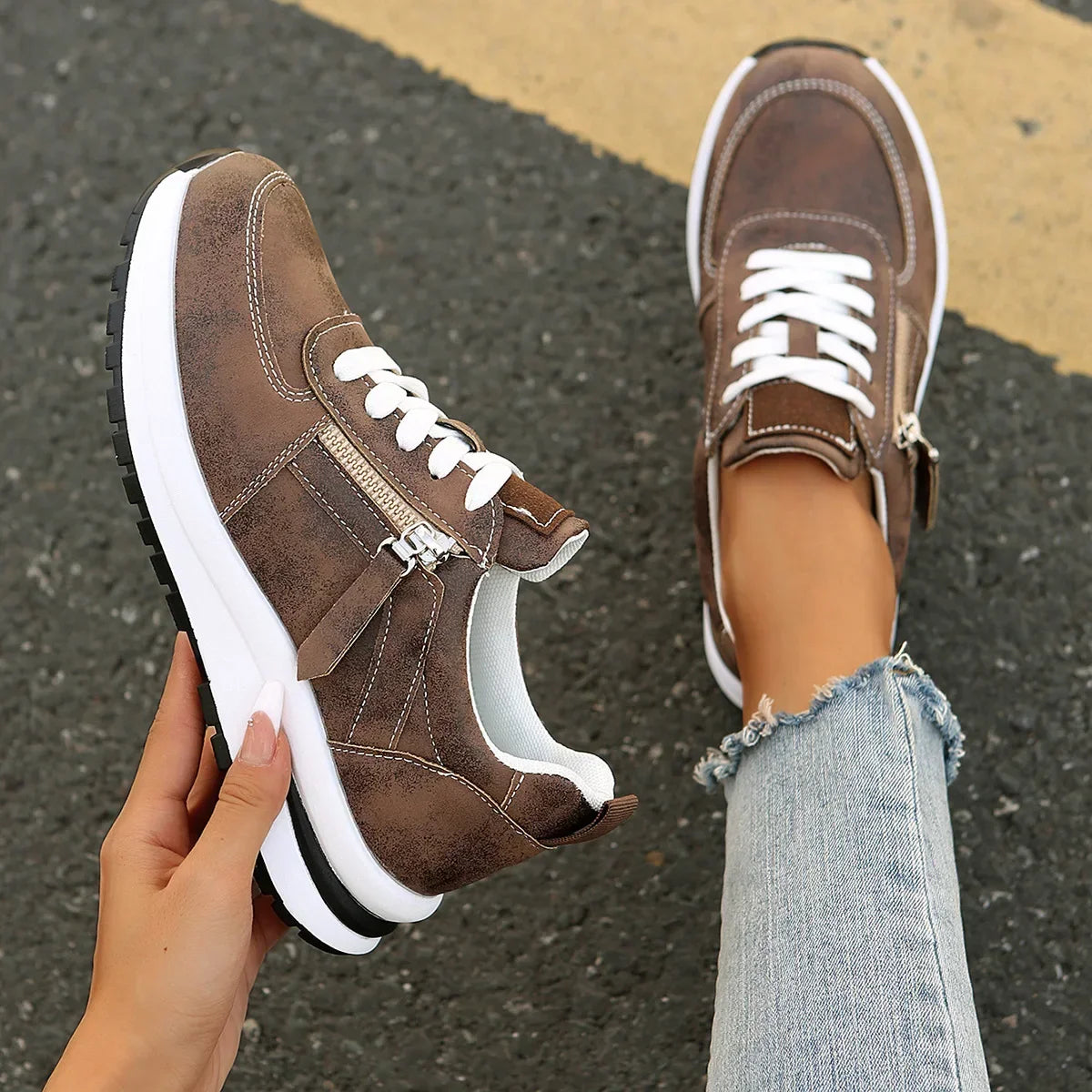 Women's Platform Sneakers with Laces and Side Zipper – Supportive Sole