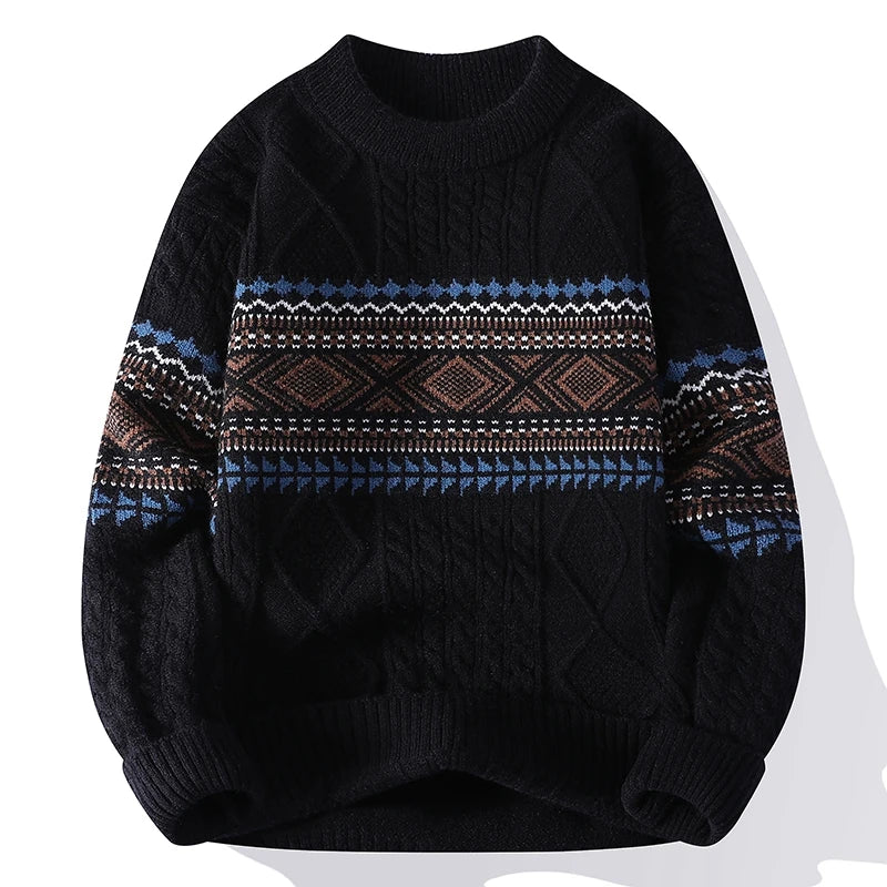 Maglione Uomo Invernale in Maglia Grossa con Motivo Geometrico e Girocollo – Maglia Style