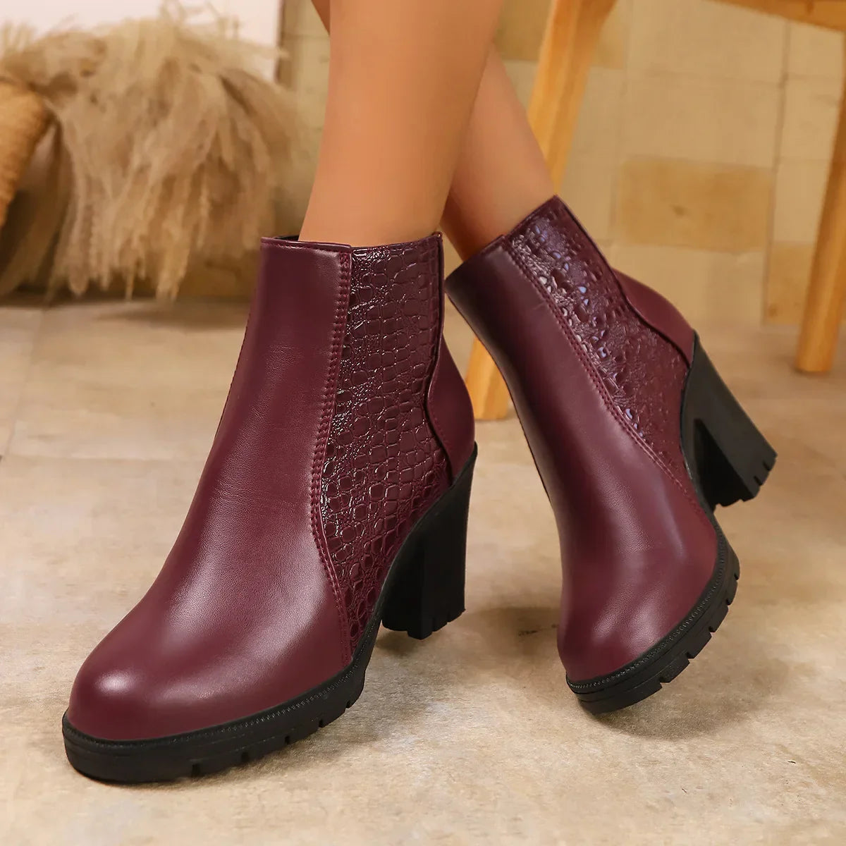Women's Ankle Boots with Laser Perforations and Block Heel