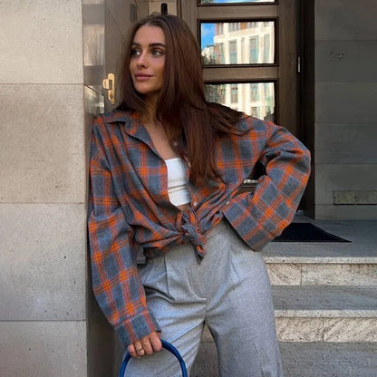 Camicia Donna Invernale a Quadri Oversize con Finitura Spazzolata
