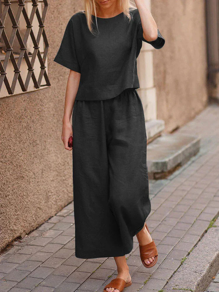 Women's Summer Two-Piece Set – Crew Neck T-Shirt & Wide-Leg Pants