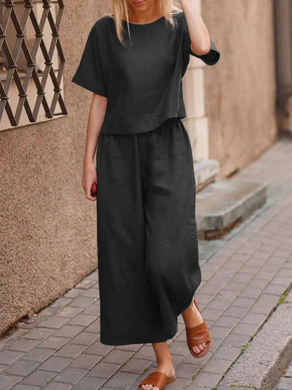 Women's Summer Two-Piece Set – Crew Neck T-Shirt & Wide-Leg Pants