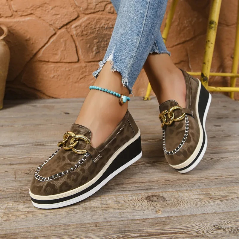 Mocassini Donna con Zeppa e Soletta Imbottita – Dettagli Leopard Oro