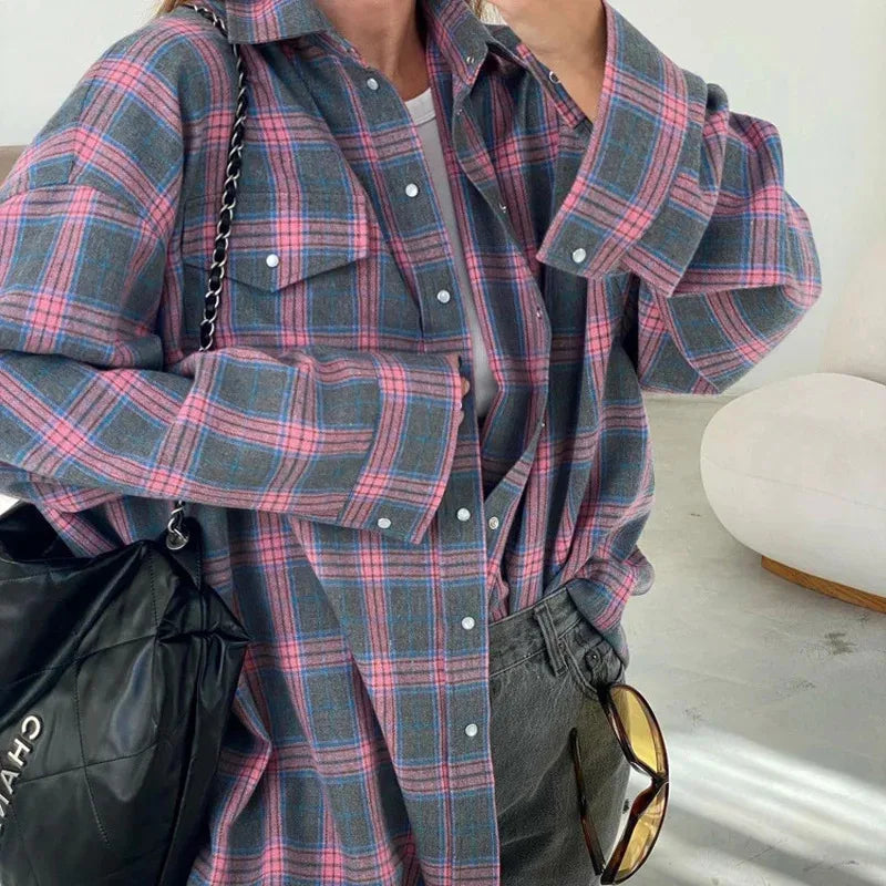 Camicia Donna Invernale a Quadri Oversize con Finitura Spazzolata