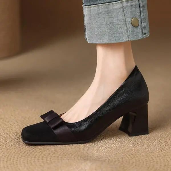 Women's Low Block Heel Pumps with Front Bow and Padded Insole – Elegant Shoes