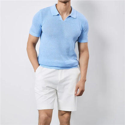 Men's Summer Polo with V-Neck and Elastic Hem