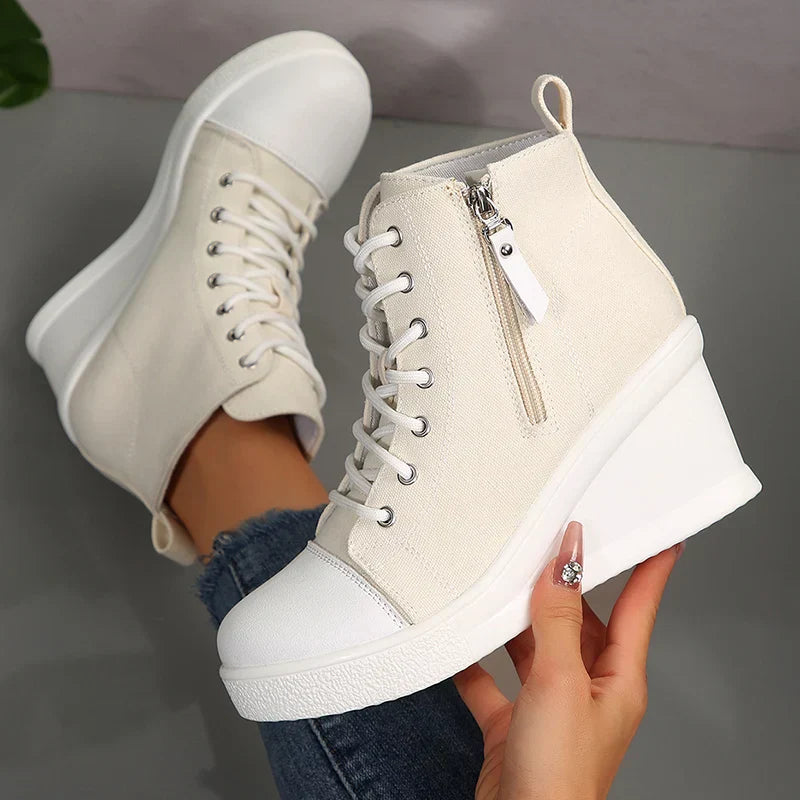 Women's Sneakers with Wedge, Side Zip, and Front Lacing