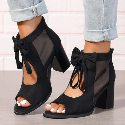 Women's Sandals with Heel, Bow, and Mesh Inserts – Back Zipper Closure