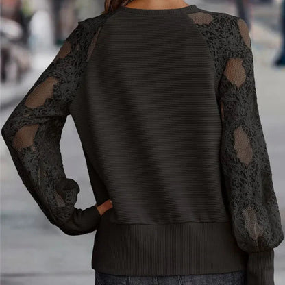 Maglione Donna Scollo a V Lavorazione a Coste Maniche in Pizzo Floreale