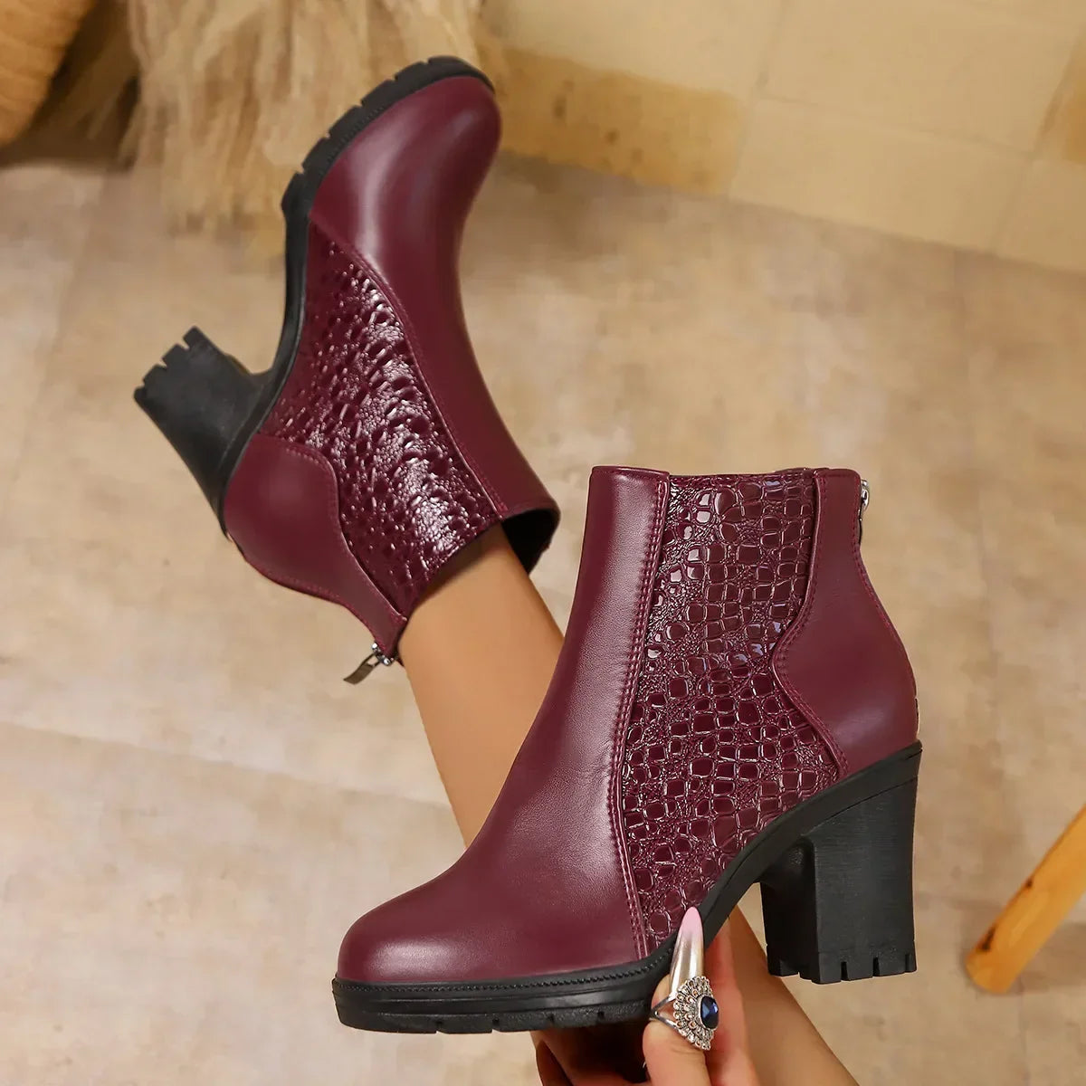 Women's Ankle Boots with Laser Perforations and Block Heel