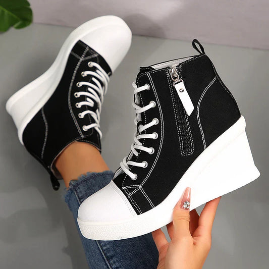 Women's Sneakers with Wedge, Side Zip, and Front Lacing