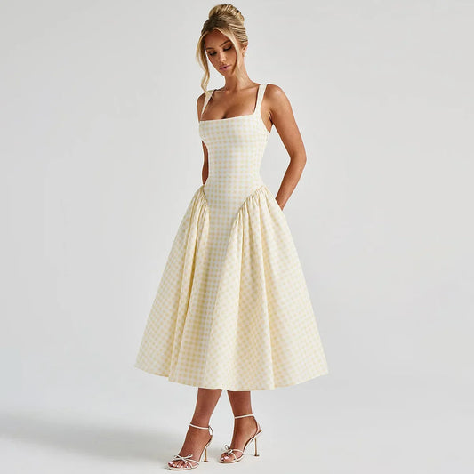Women's Long Trapeze Dress with Checkered Pattern and Adjustable Straps – Casual Summer Dress