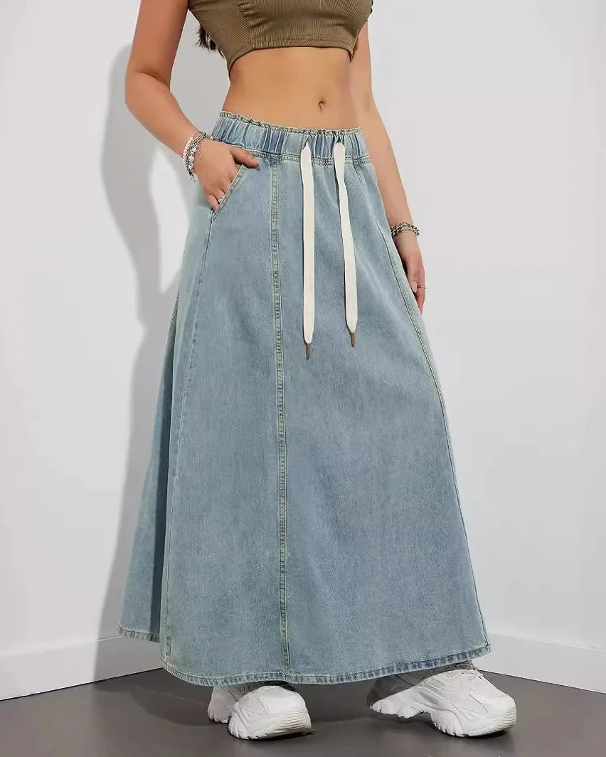 Gonna Maxi Donna con Vita Elasticizzata, Coulisse e Tasche Laterali – Misto Denim