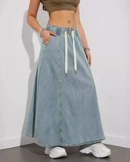 Gonna Maxi Donna con Vita Elasticizzata, Coulisse e Tasche Laterali – Misto Denim