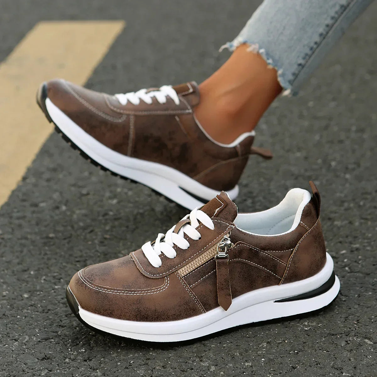 Women's Platform Sneakers with Laces and Side Zipper – Supportive Sole