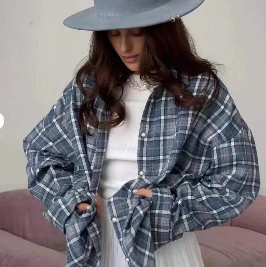 Camicia Donna Invernale a Quadri Oversize con Finitura Spazzolata
