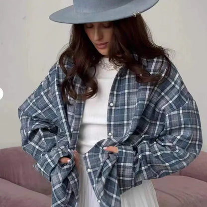 Camicia Donna Invernale a Quadri Oversize con Finitura Spazzolata