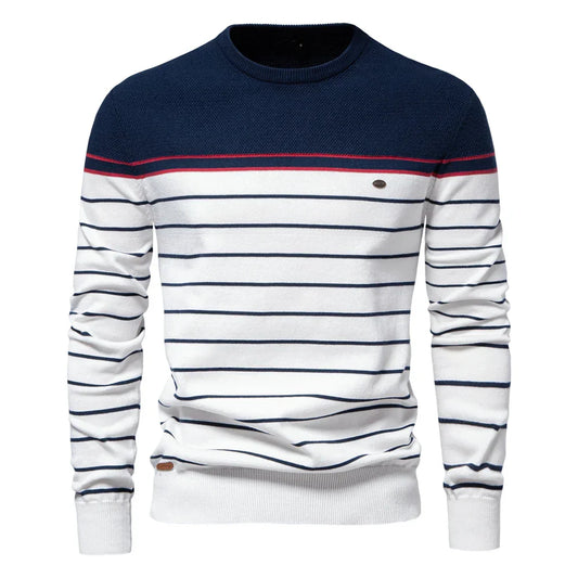Men's Sweater with Striped Pattern and Ribbed Edges