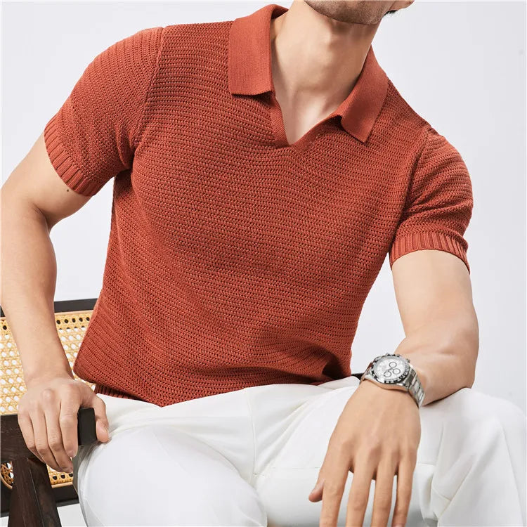 Men's Summer Polo with V-Neck and Elastic Hem