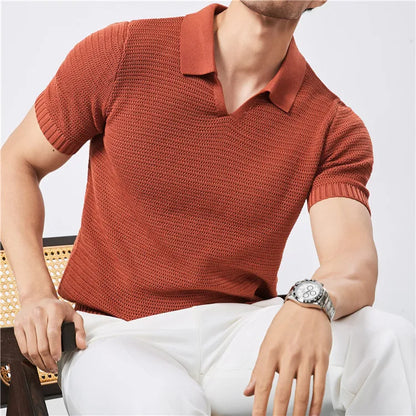 Men's Summer Polo with V-Neck and Elastic Hem