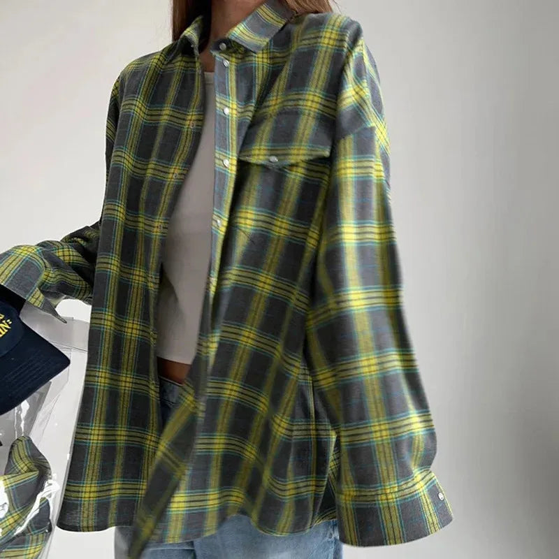 Camicia Donna Invernale a Quadri Oversize con Finitura Spazzolata