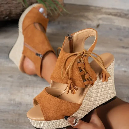 Cuñas de verano para mujer con plataforma de yute trenzado, cordones en el tobillo, punta abierta – Estilo yute