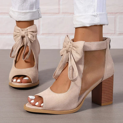 Women's Sandals with Heel, Bow, and Mesh Inserts – Back Zipper Closure