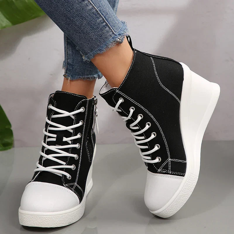 Women's Sneakers with Wedge, Side Zip, and Front Lacing