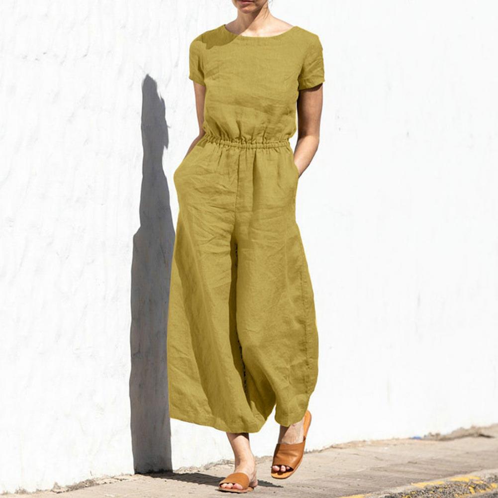 Women's Summer Jumpsuit with Wide Legs and Solid Color Crew Neck