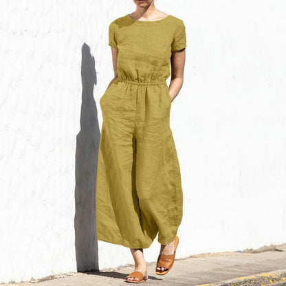 Women's Summer Jumpsuit with Wide Legs and Solid Color Crew Neck