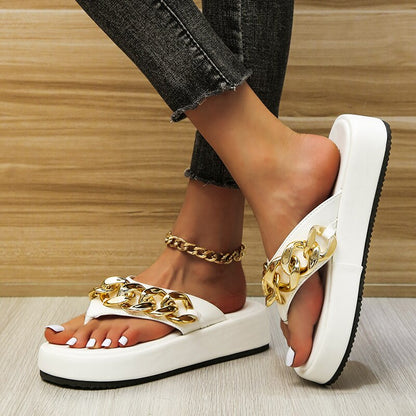 Women's Slip-On Ballet Flats with Decorative Chain – Rounded Toe and Flat Sole