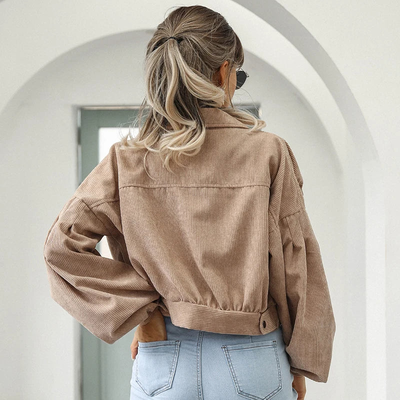 Women's Short Corduroy Jacket with Lantern Sleeves
