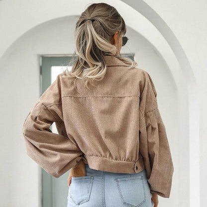 Women's Short Corduroy Jacket with Lantern Sleeves