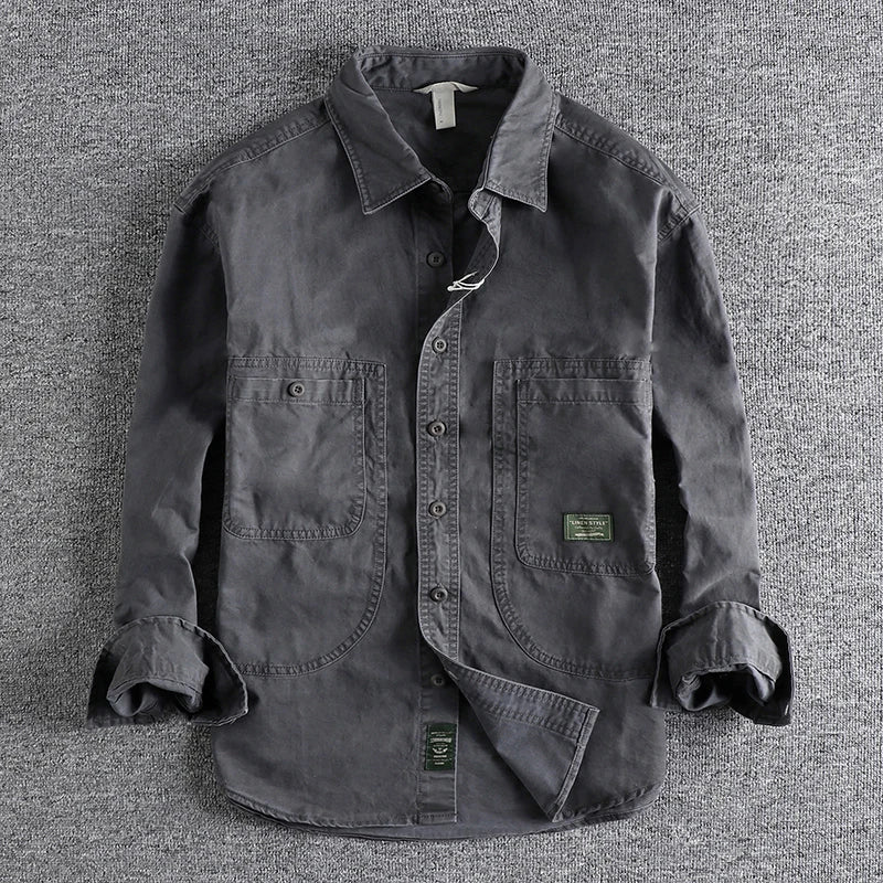 Men's Long Sleeve Work Shirt with Washed Finish – Casual Relaxed Fit