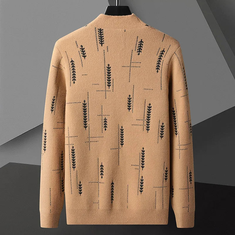 Maglione beige con motivo geometrico nero, design moderno, tessuto caldo e morbido, ideale per moda autunnale e invernale, abbigliamento casual elegante.