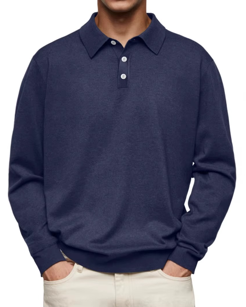 Maglione uomo blu scuro con colletto e bottoni, stile casual elegante, perfetto per abbigliamento autunnale e invernale.