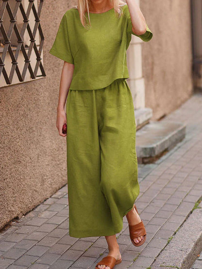 Women's Summer Two-Piece Set – Crew Neck T-Shirt & Wide-Leg Pants