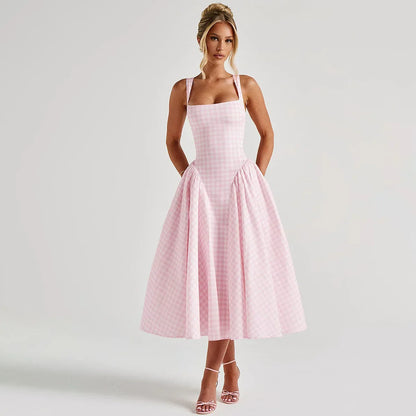 Women's Long Trapeze Dress with Checkered Pattern and Adjustable Straps – Casual Summer Dress